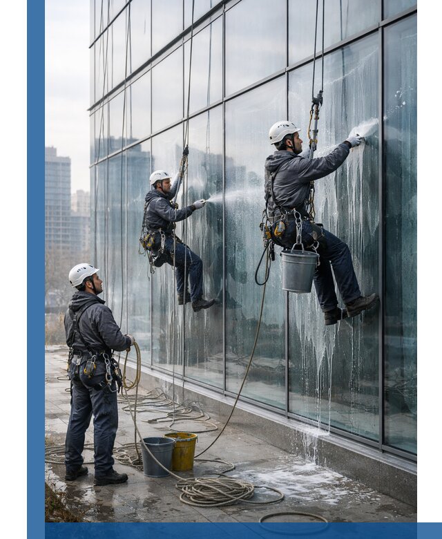 Промышленная мойка панорамных окон на высоте в Апшеронске