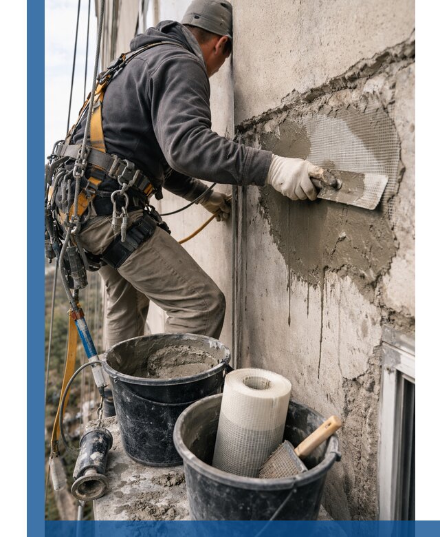 Ремонт бетонных элементов фасада промышленными альпинистами в Апшеронске