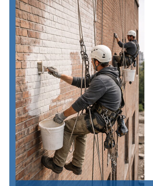 Покраска кирпичного фасада с доступным альпинистским сервисом в Апшеронске