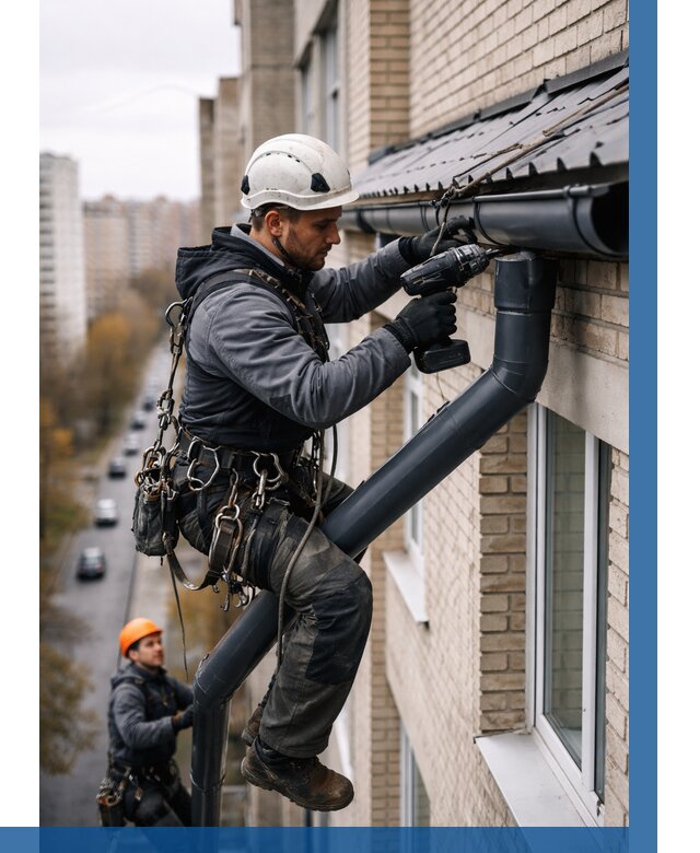 Монтаж водосточной системы на здании в Апшеронске от 5124 р. | ВЫСОТНИК-Пшр