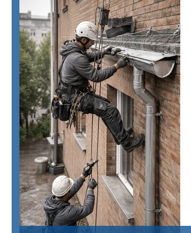 Монтаж водосточной системы на здании в Апшеронске под ключ