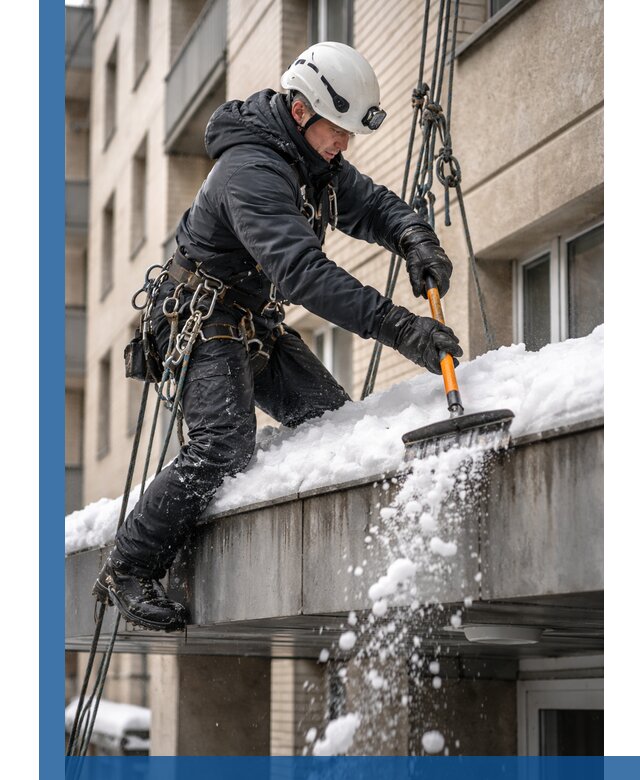 Очистка козырьков от снега в Апшеронске круглогодично безопасно