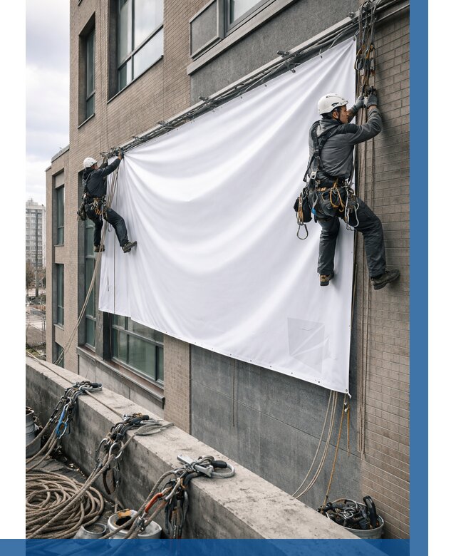 Монтаж баннеров на фасаде в Апшеронске от 666 р. заказать ВЫСОТНИК-Пшр