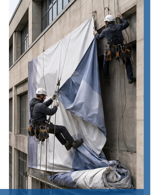 Демонтаж баннеров с фасада в Апшеронске от 4612 р. | ВЫСОТНИК-Пшр