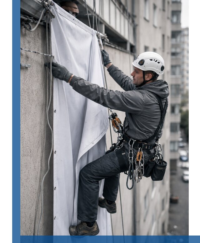 Замена баннерного полотна промышленными альпинистами в Апшеронске