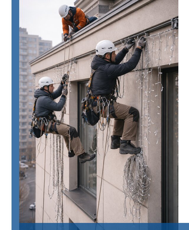 Монтаж праздничных гирлянд на фасаде в Апшеронске для зданий