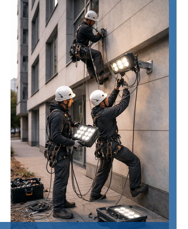Монтаж прожекторов на фасаде в Апшеронске от 7686 р. | ВЫСОТНИК-Пшр
