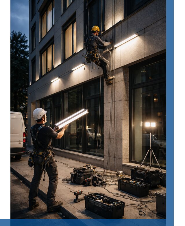 Монтаж архитектурной подсветки здания в Апшеронске от 2562 р.|ВЫСОТНИК-Пшр