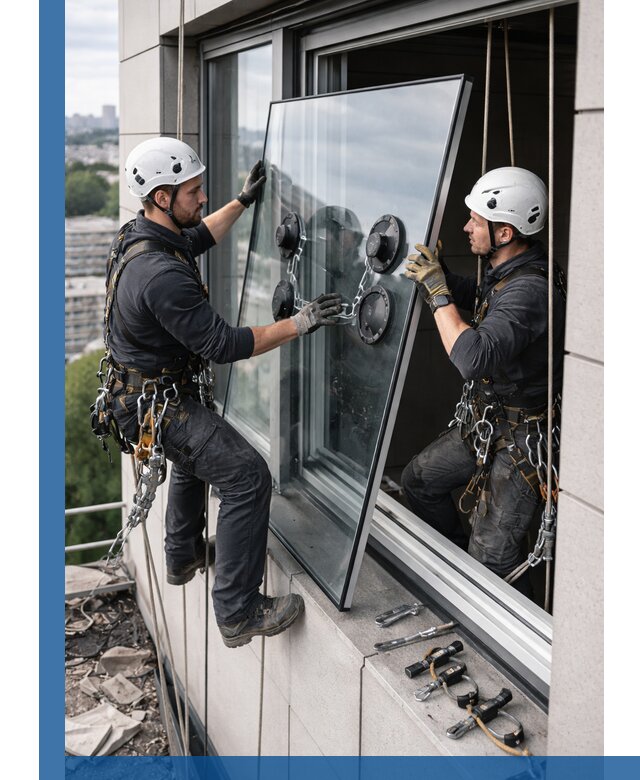 Замена стеклопакетов на высоте с промышленными альпинистами в Апшеронске