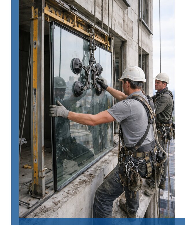 Монтаж стеклопакетов на высоте в Апшеронске с промышленным альпинизмом