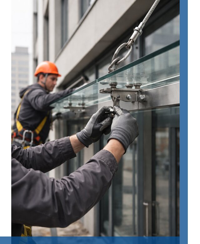 Монтаж стеклянных козырьков в Апшеронске от 8711 р. | ВЫСОТНИК-Пшр