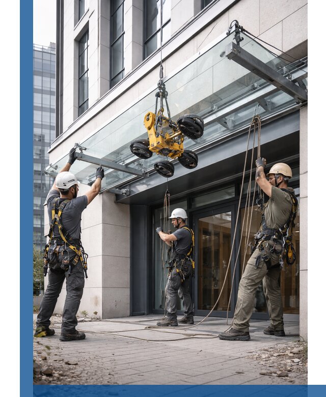 Монтаж стеклянных козырьков под ключ в Апшеронске для зданий