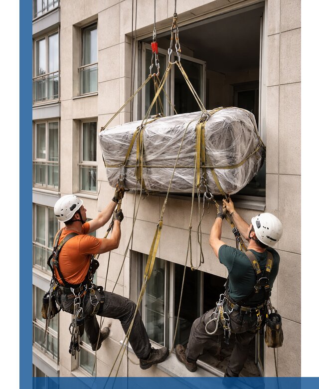 Подъем грузов через окно в Апшеронске промышленными альпинистами