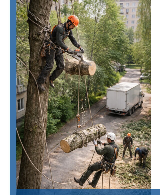 Спил деревьев альпинистами в Апшеронске, безопасно и без повреждений